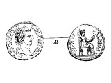 Denarius, of Tiberius. A silver coin, also called a Dinar, or Drachma. 